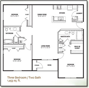 Three Bedroom, Two Bath Apartment - 1,453 sq. ft.