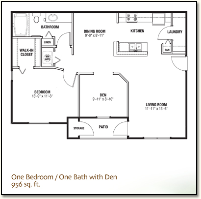 1 bedroom, 1 bath apartment with den, 956 square feet
