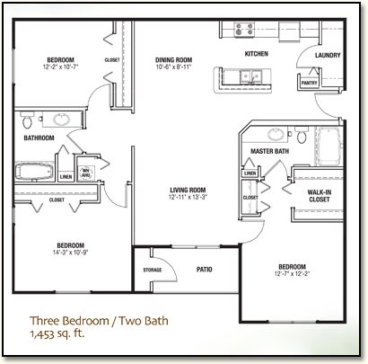3 bedroom, 2 bath apartment, 1,453 square feet